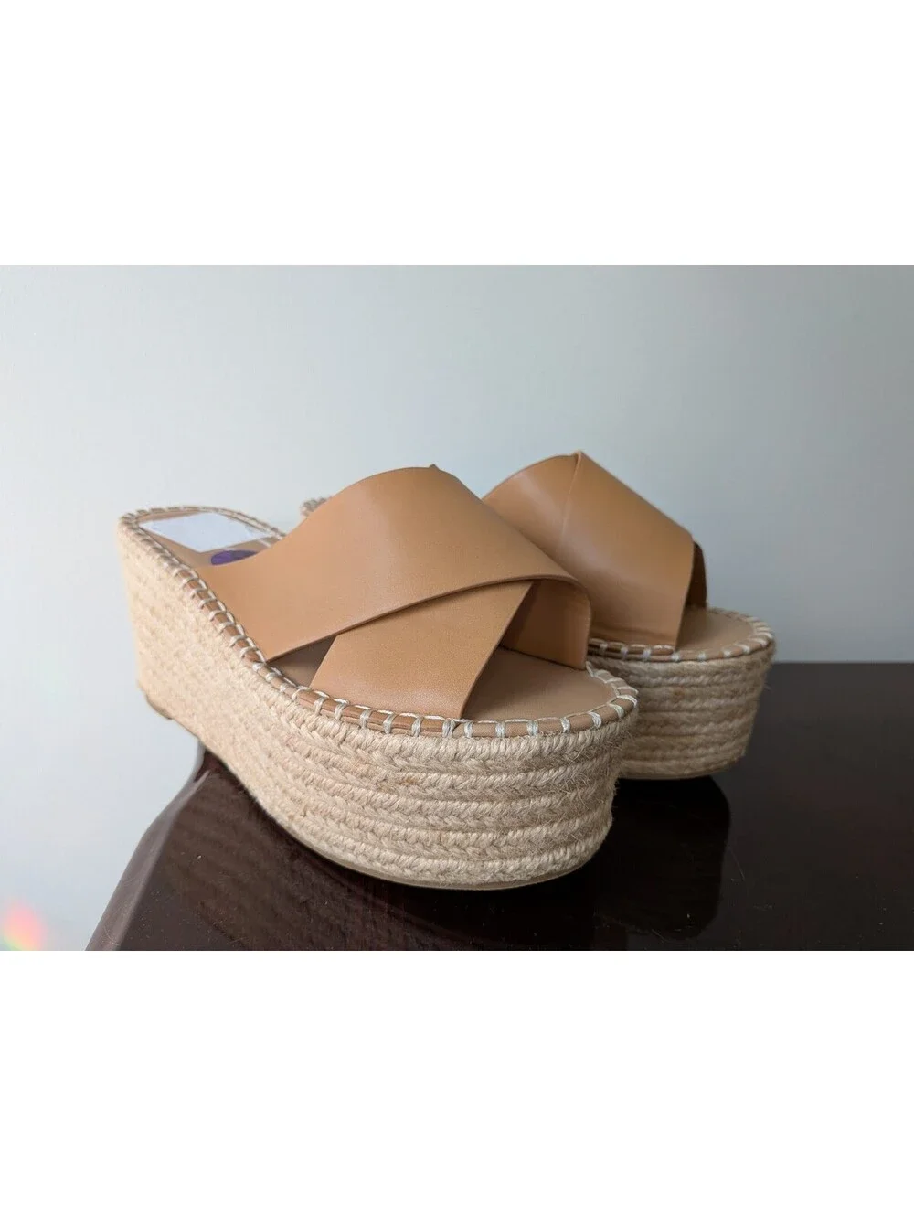 Soda Platform tan crisscross espadrille wedge slide sandals size 6.5 fall summer